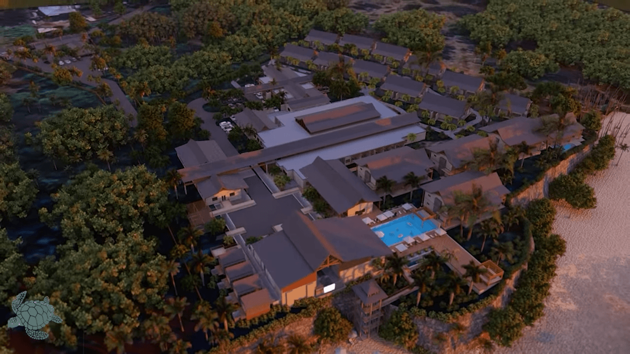Aerial view of the resort at sunset
